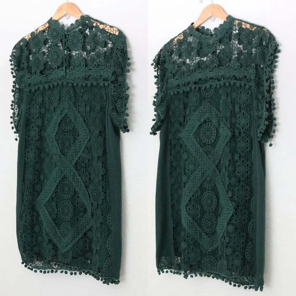 Tularosa Revolve Clayton Tunic Mini Dress L Hunter Green Pom Pom Trim Lace $210 - Picture 5 of 16